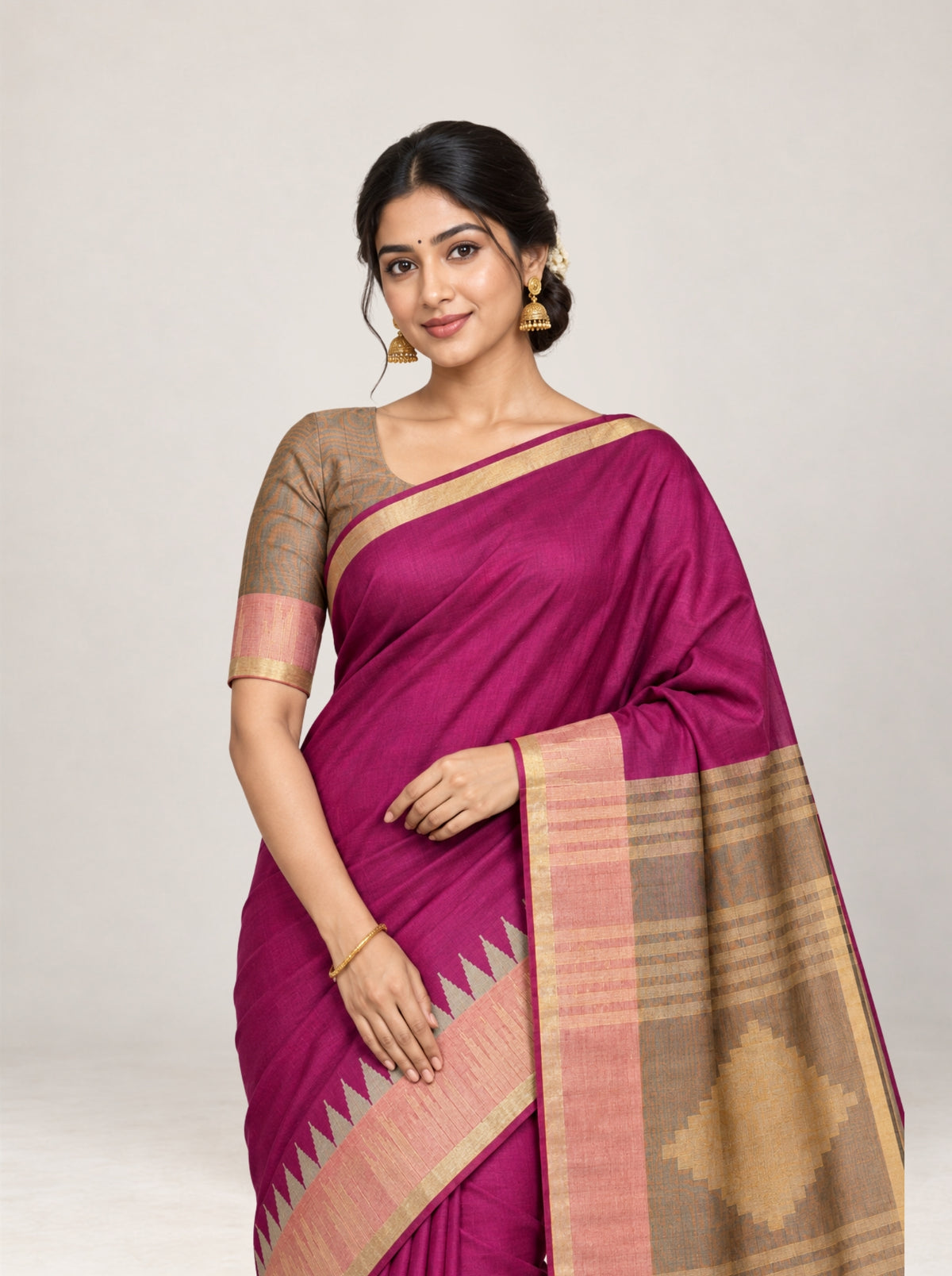 Magenta Silk Saree with Gold Zari Temple Border & Textured Weave