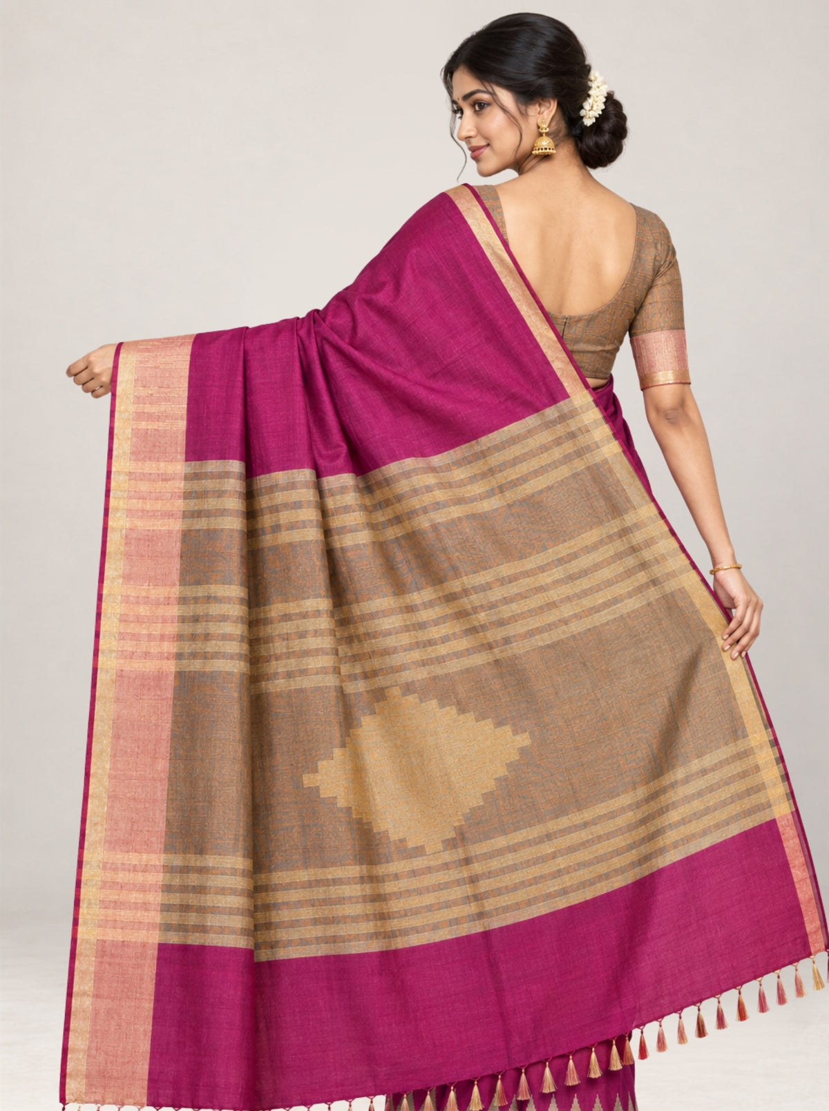 Magenta Silk Saree with Gold Zari Temple Border & Textured Weave