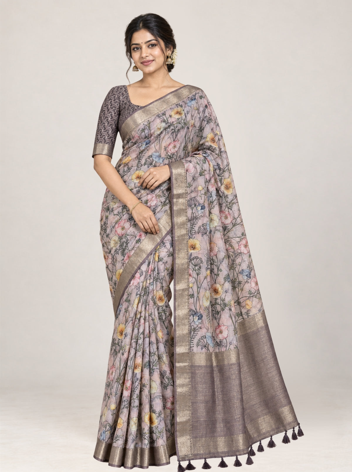 Dusty Mauve Digital Floral silk kota Organza Saree