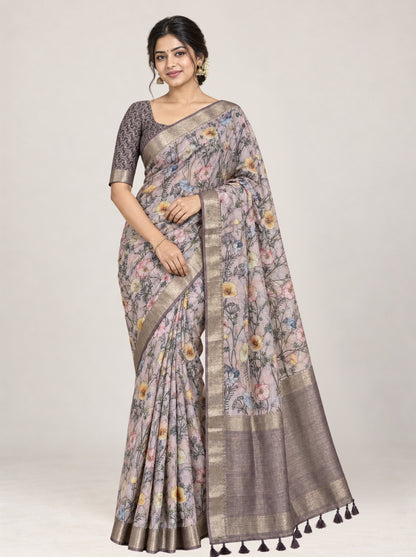Dusty Mauve Digital Floral silk kota Organza Saree