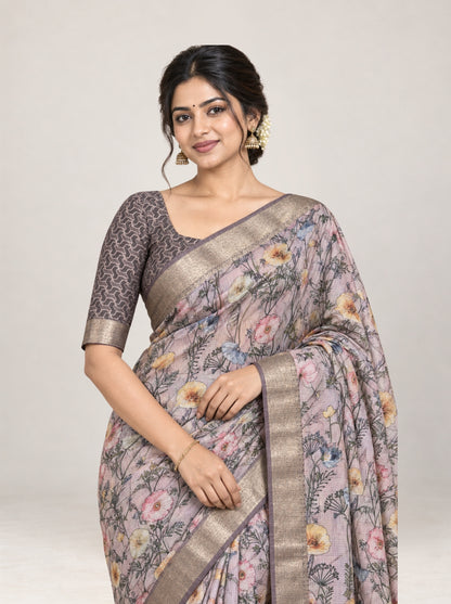 Dusty Mauve Digital Floral silk kota Organza Saree