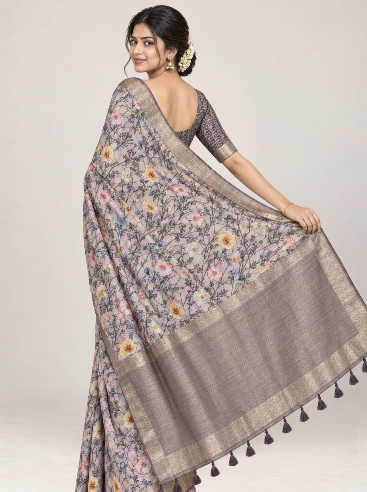 Dusty Mauve Digital Floral silk kota Organza Saree