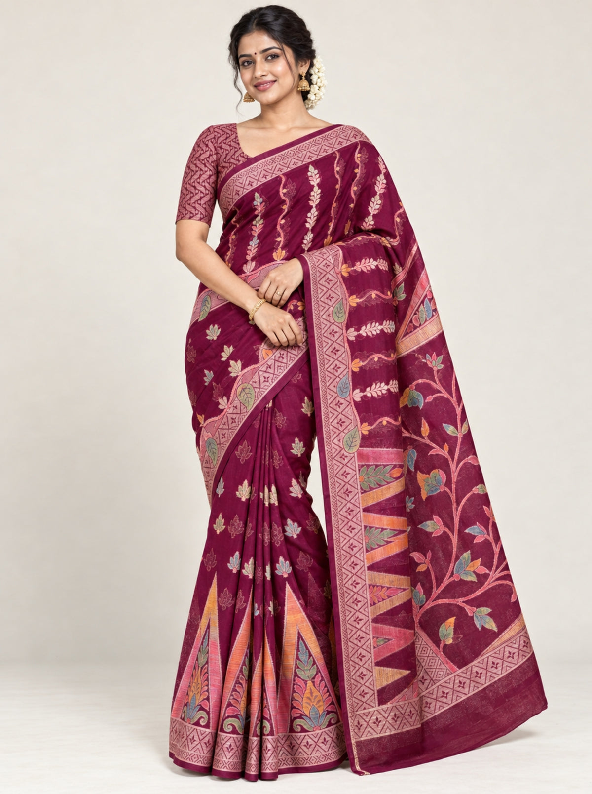 Maroon Silk Saree with Gold Zari Temple Border & Geometric Woven Pallu