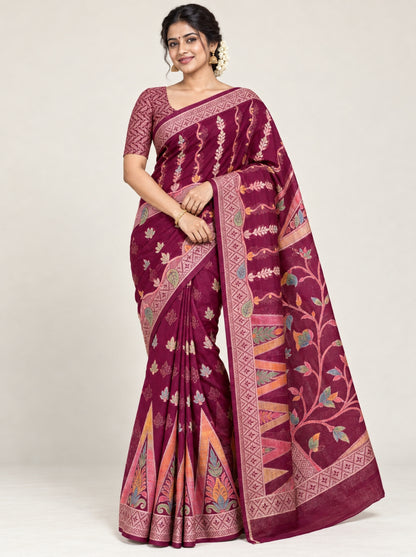 Maroon Silk Saree with Gold Zari Temple Border & Geometric Woven Pallu