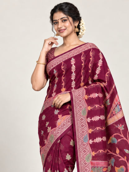 Maroon Silk Saree with Gold Zari Temple Border & Geometric Woven Pallu
