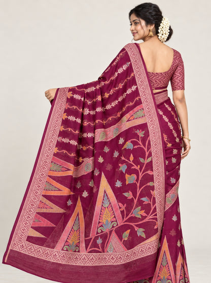 Maroon Silk Saree with Gold Zari Temple Border & Geometric Woven Pallu