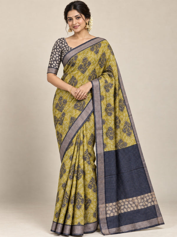 Olive Green and Black Floral Block Print Chanderi Silk Saree with Woven Zari Border