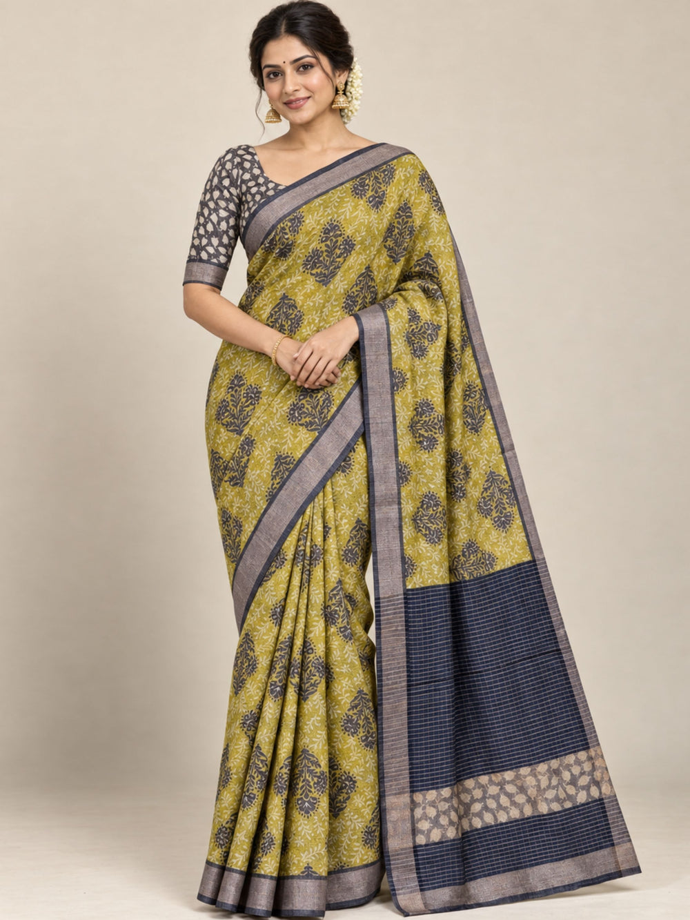 Olive Green and Black Floral Block Print Chanderi Silk Saree with Woven Zari Border