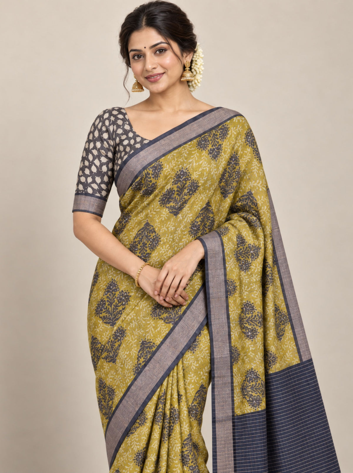 Olive Green and Black Floral Block Print Chanderi Silk Saree with Woven Zari Border