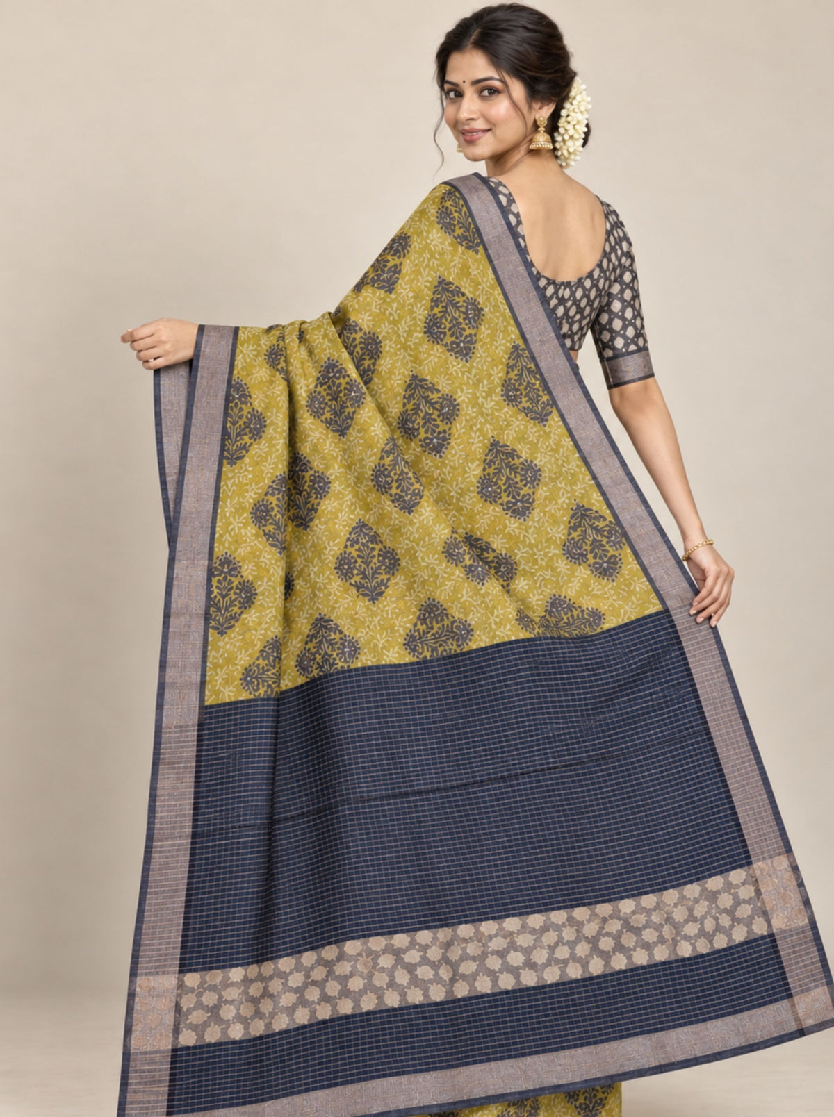 Olive Green and Black Floral Block Print Chanderi Silk Saree with Woven Zari Border