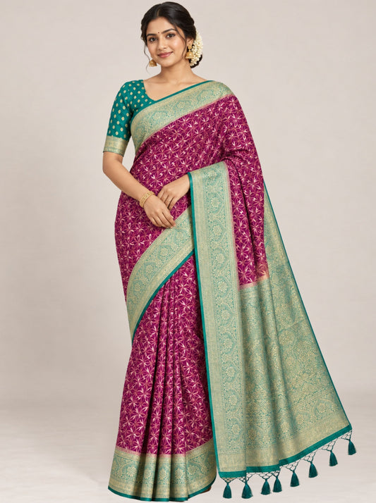 Magenta and Green Floral Print Banarasi Georgette Silk Saree with Woven Zari Border