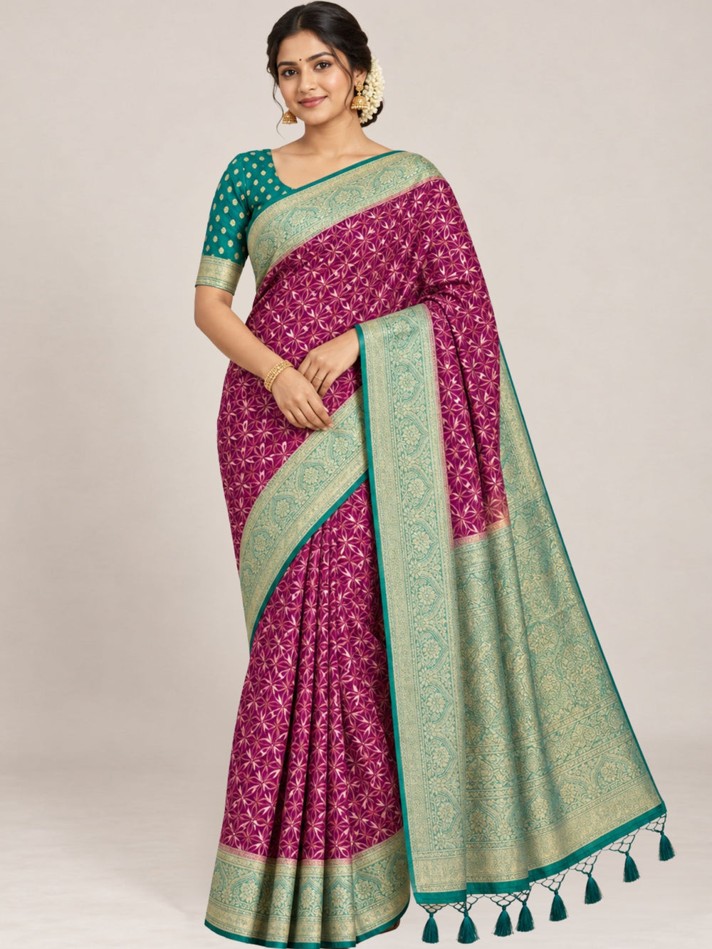 Magenta and Green Floral Print Banarasi Georgette Silk Saree with Woven Zari Border