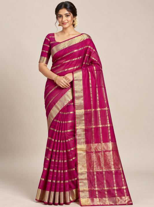 Magenta Organza Silk Saree with Broad Zari Striped Border