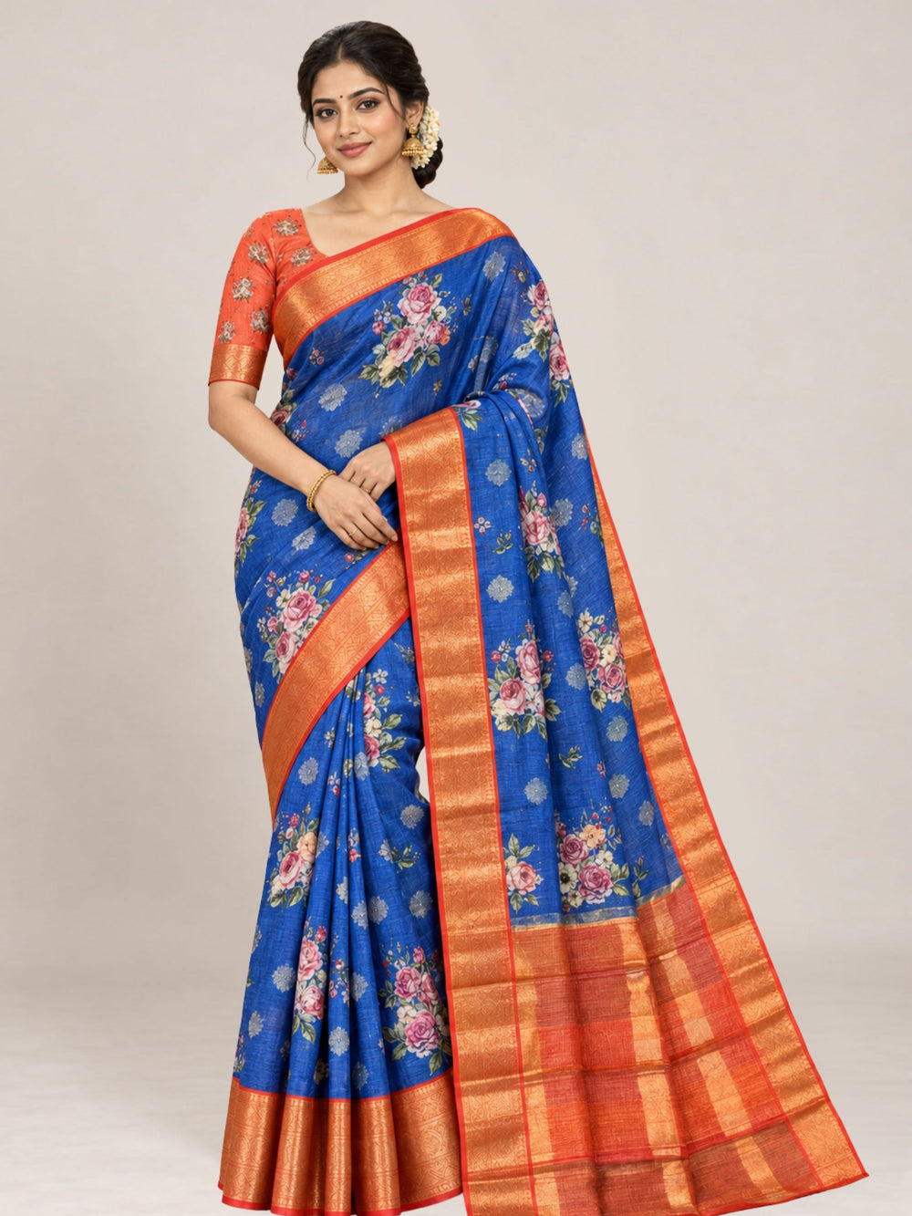 Blue and Brown Floral Print Kota Silk Saree with Woven Zari Border