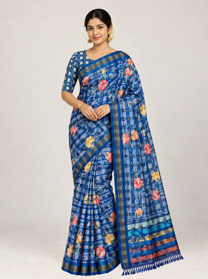 Blue Checked Organza/Kota Silk Saree with Floral Digital Print