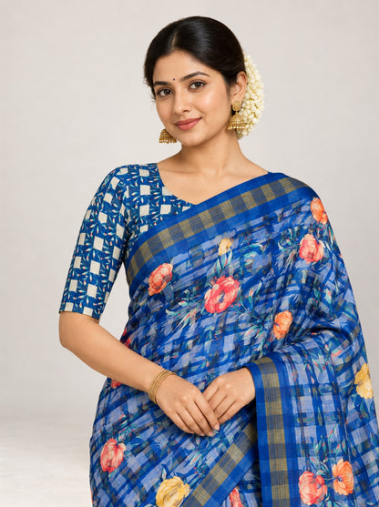 Blue Checked Organza/Kota Silk Saree with Floral Digital Print