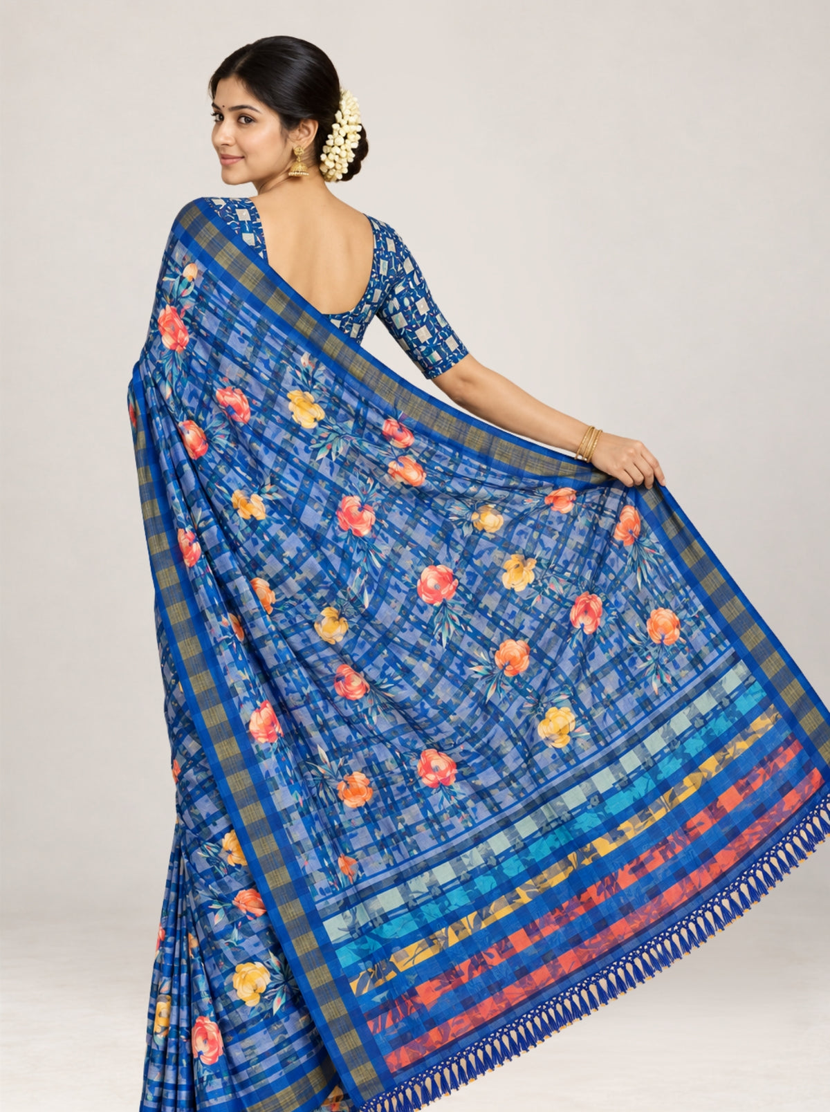 Blue Checked Organza/Kota Silk Saree with Floral Digital Print