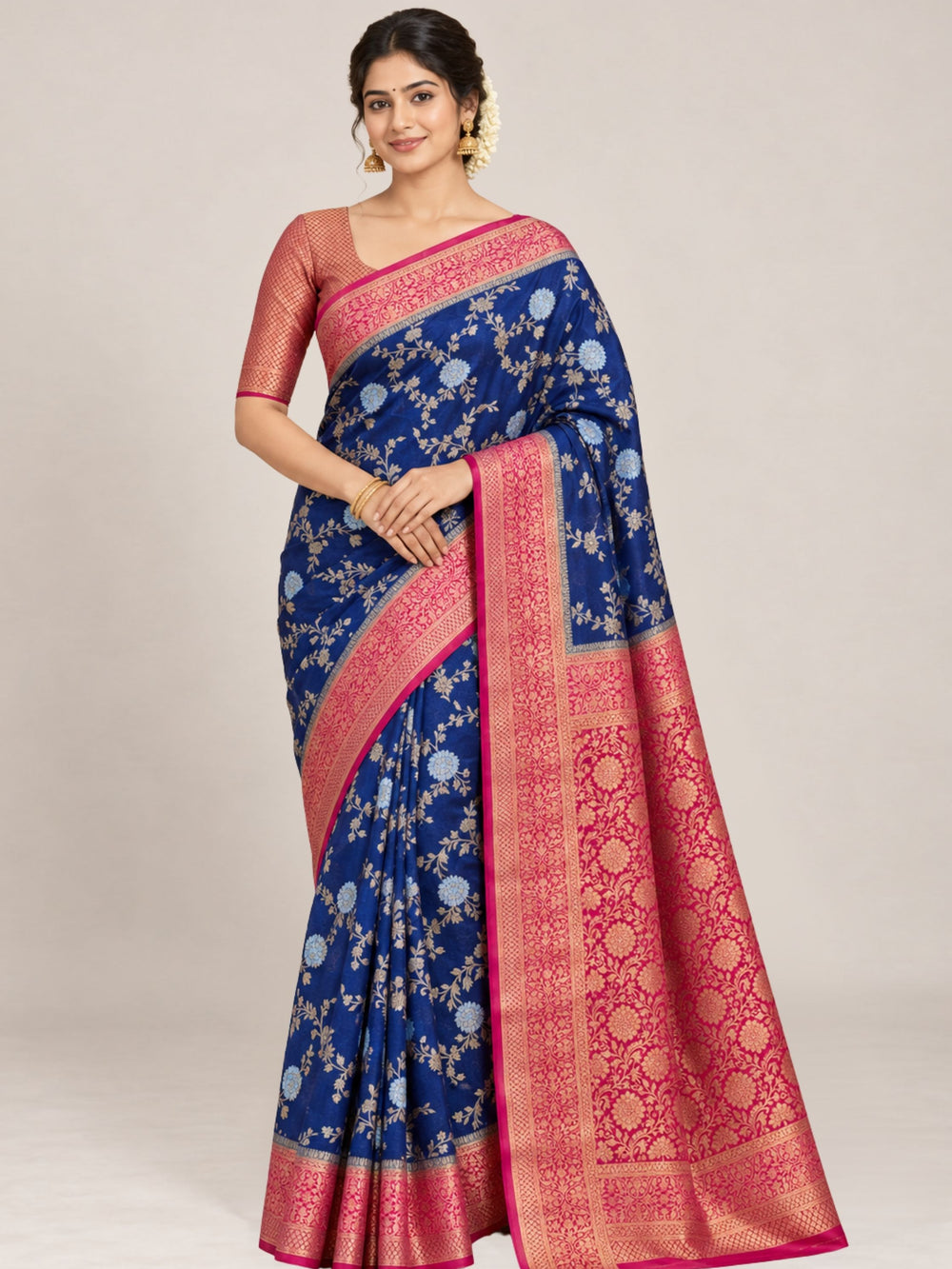 Navy Blue and Red Floral Brocade Banarasi Silk Saree with Woven Zari Border