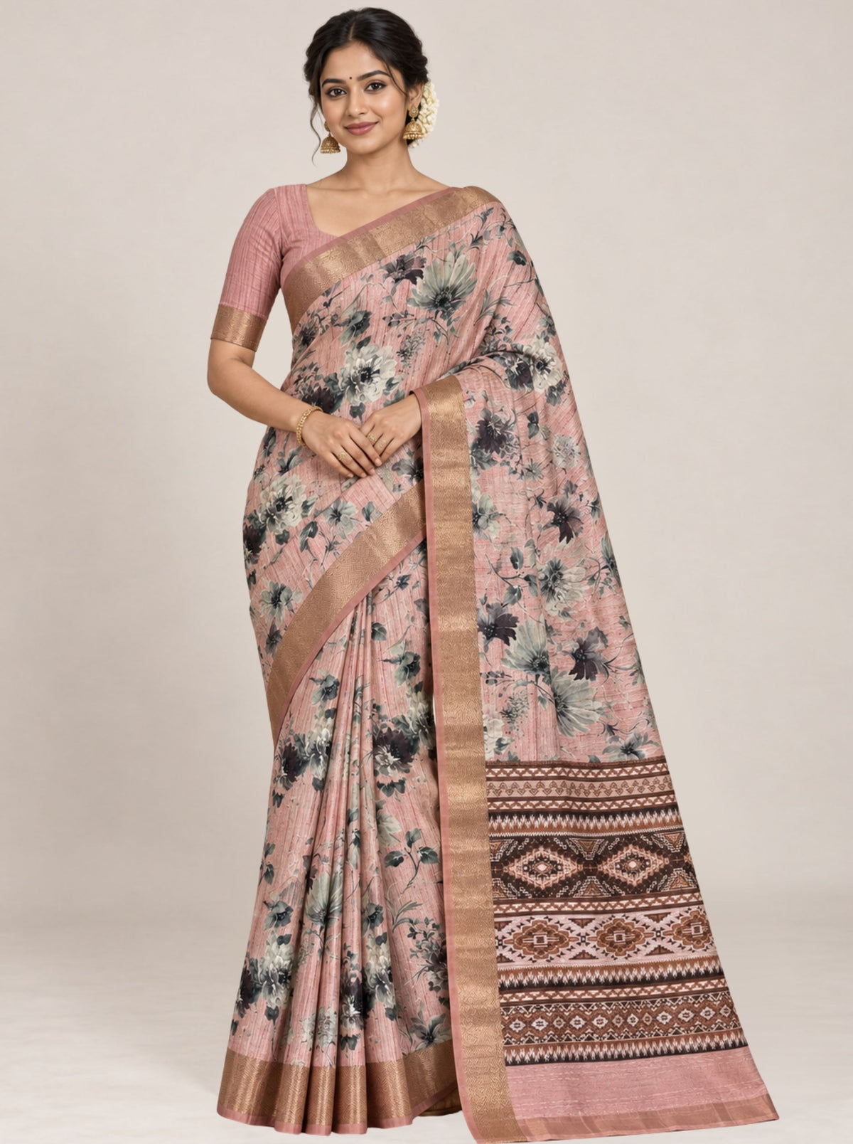 Blush Pink and Grey Floral Print Tusser Silk Saree with Woven Zari Border