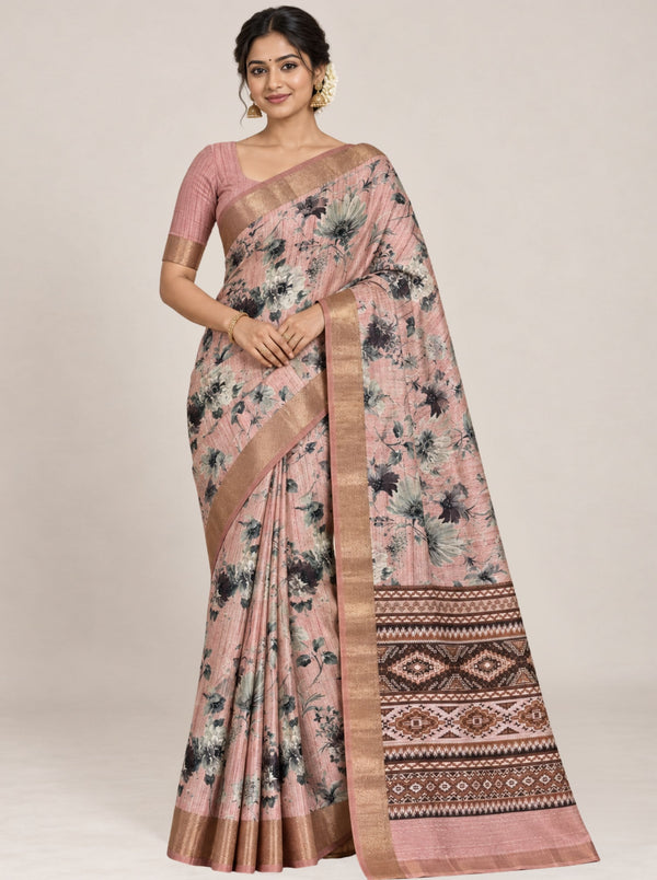 Blush Pink and Grey Floral Print Tusser Silk Saree with Woven Zari Border