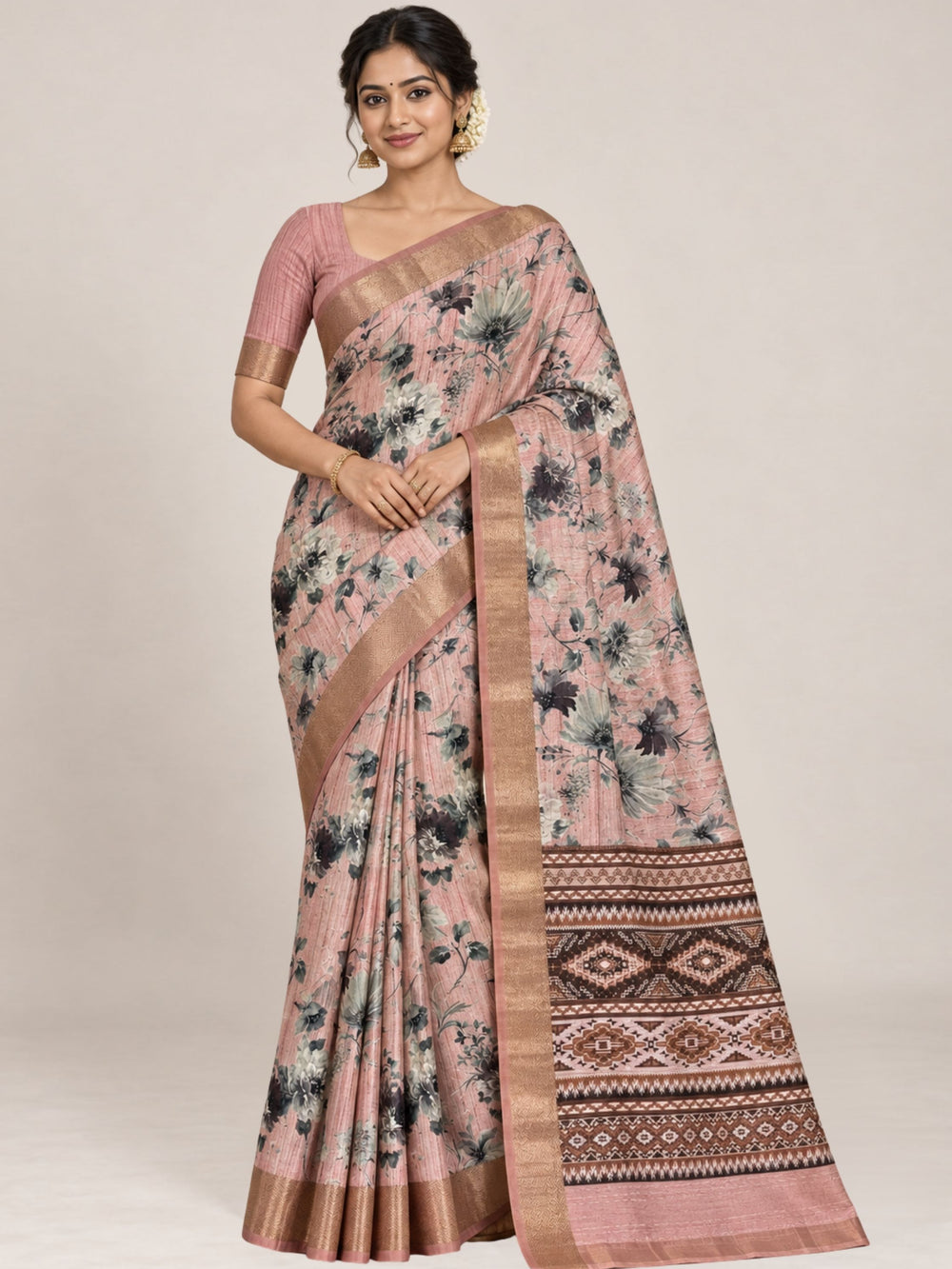 Blush Pink and Grey Floral Print Tusser Silk Saree with Woven Zari Border