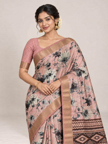 Blush Pink and Grey Floral Print Tusser Silk Saree with Woven Zari Border