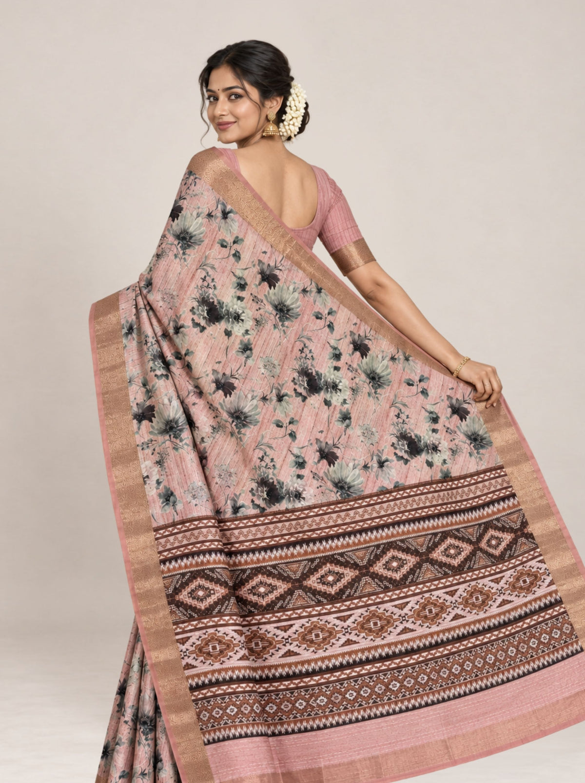 Blush Pink and Grey Floral Print Tusser Silk Saree with Woven Zari Border