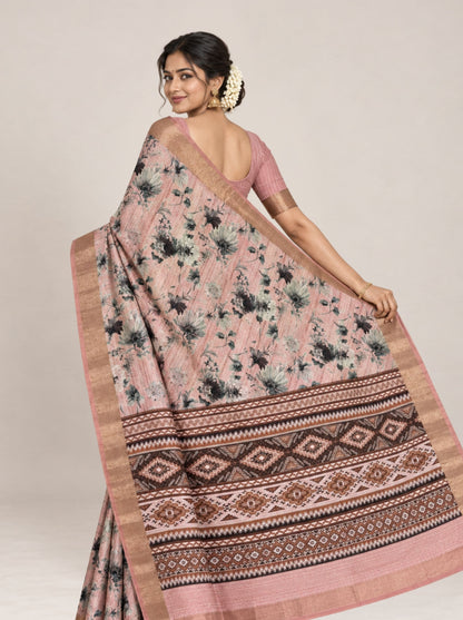Blush Pink and Grey Floral Print Tusser Silk Saree with Woven Zari Border