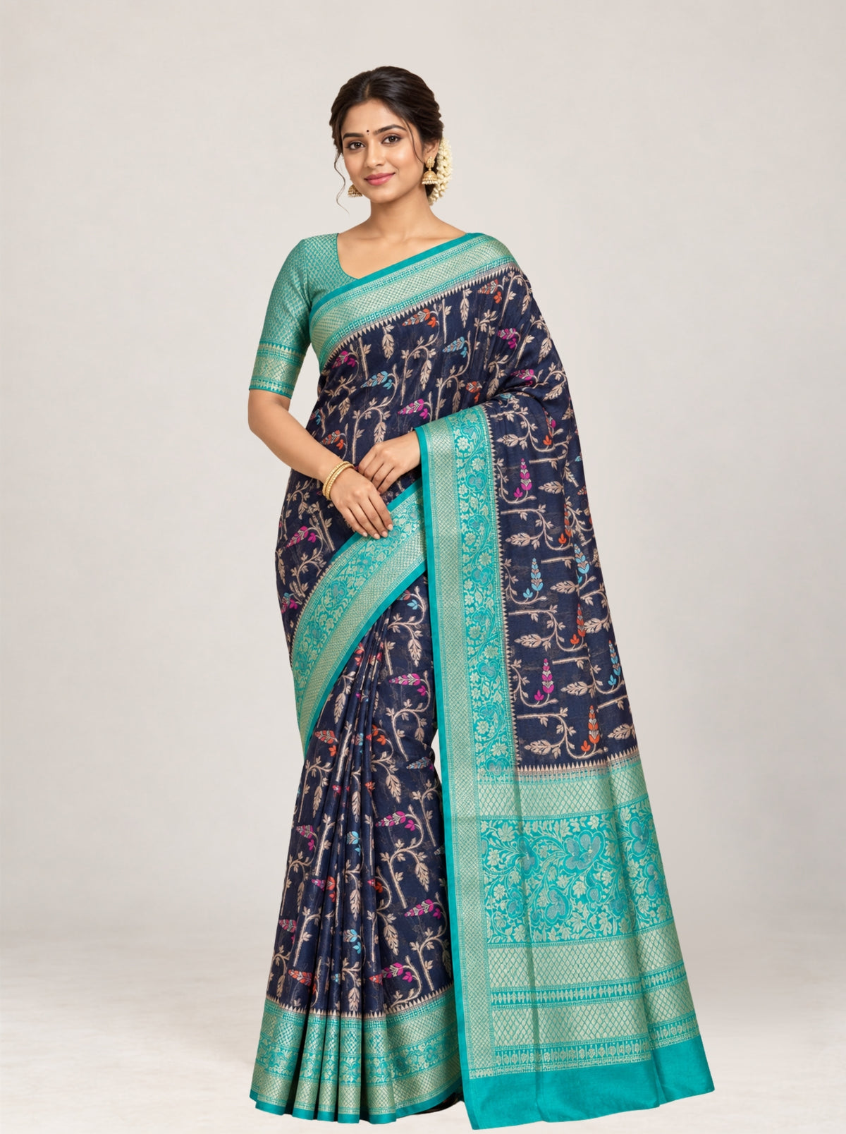 Navy Blue & Turquoise Banarasi Georgette Saree