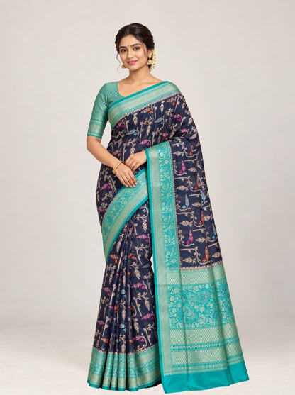 Navy Blue & Turquoise Banarasi Georgette Saree