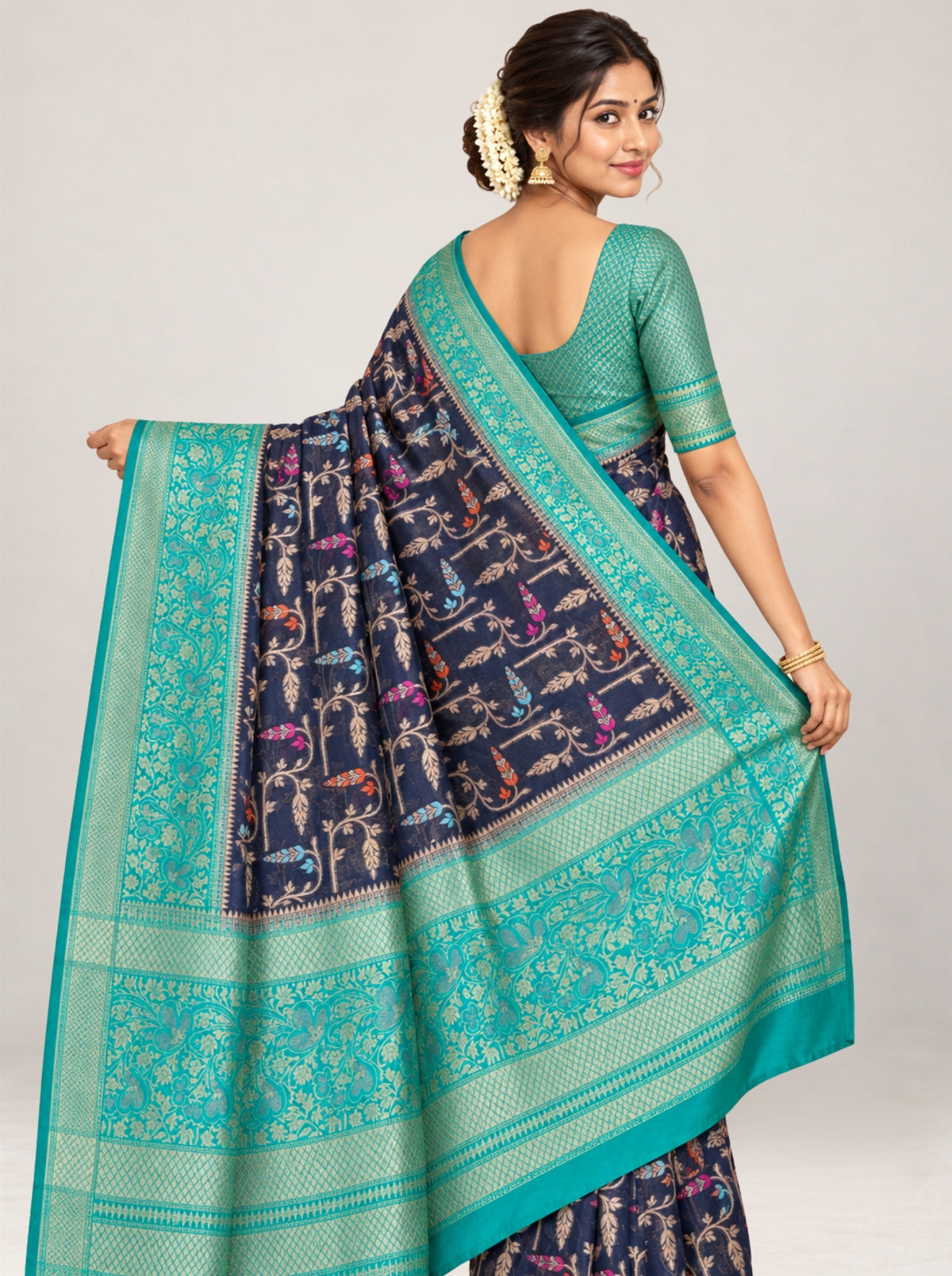 Navy Blue & Turquoise Banarasi Georgette Saree