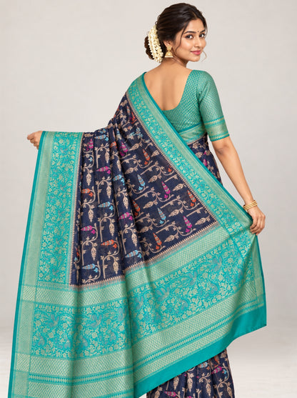 Navy Blue & Turquoise Banarasi Georgette Saree