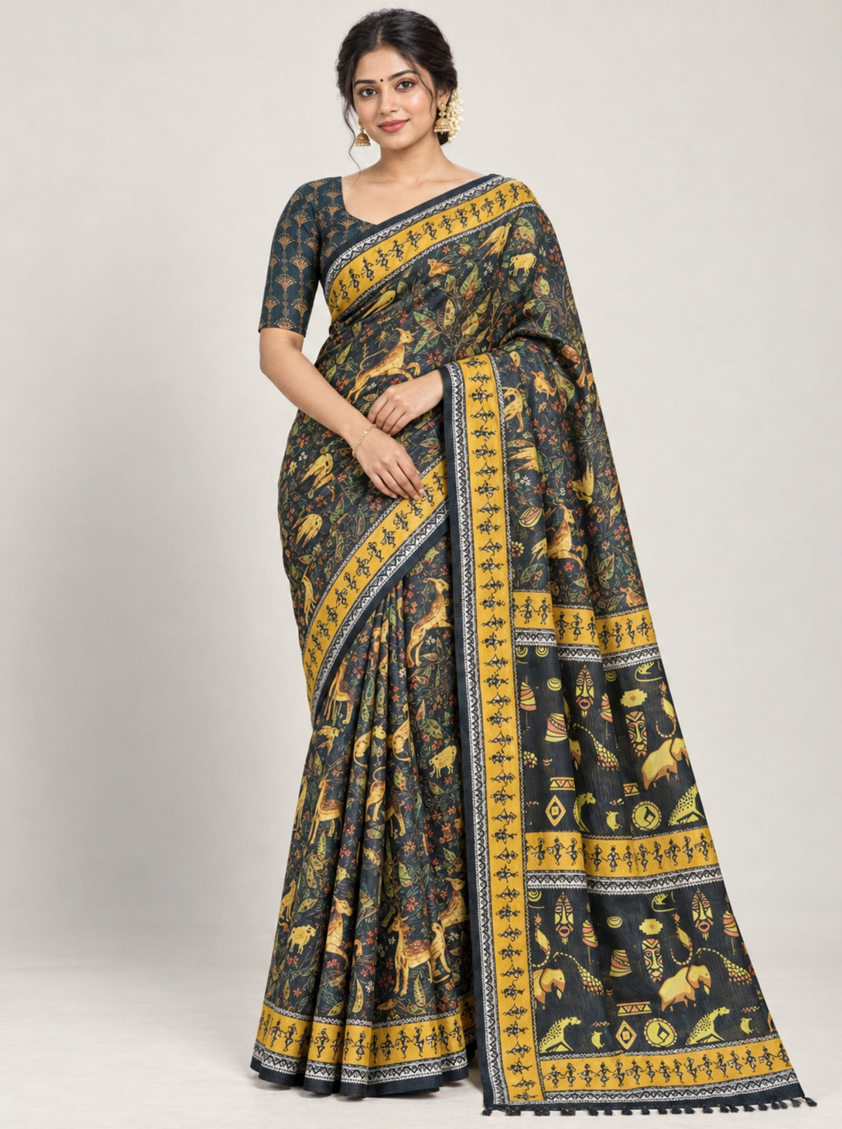 peacock blue Silk Saree with Mustard Yellow Tribal Art & Warli Border