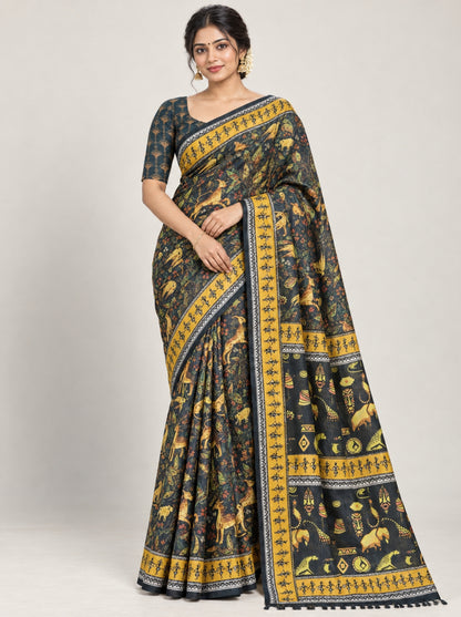 peacock blue Silk Saree with Mustard Yellow Tribal Art & Warli Border
