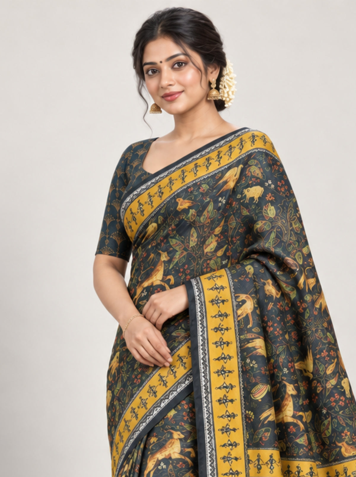 peacock blue Silk Saree with Mustard Yellow Tribal Art & Warli Border