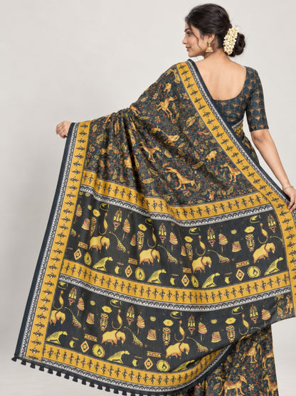 peacock blue Silk Saree with Mustard Yellow Tribal Art & Warli Border