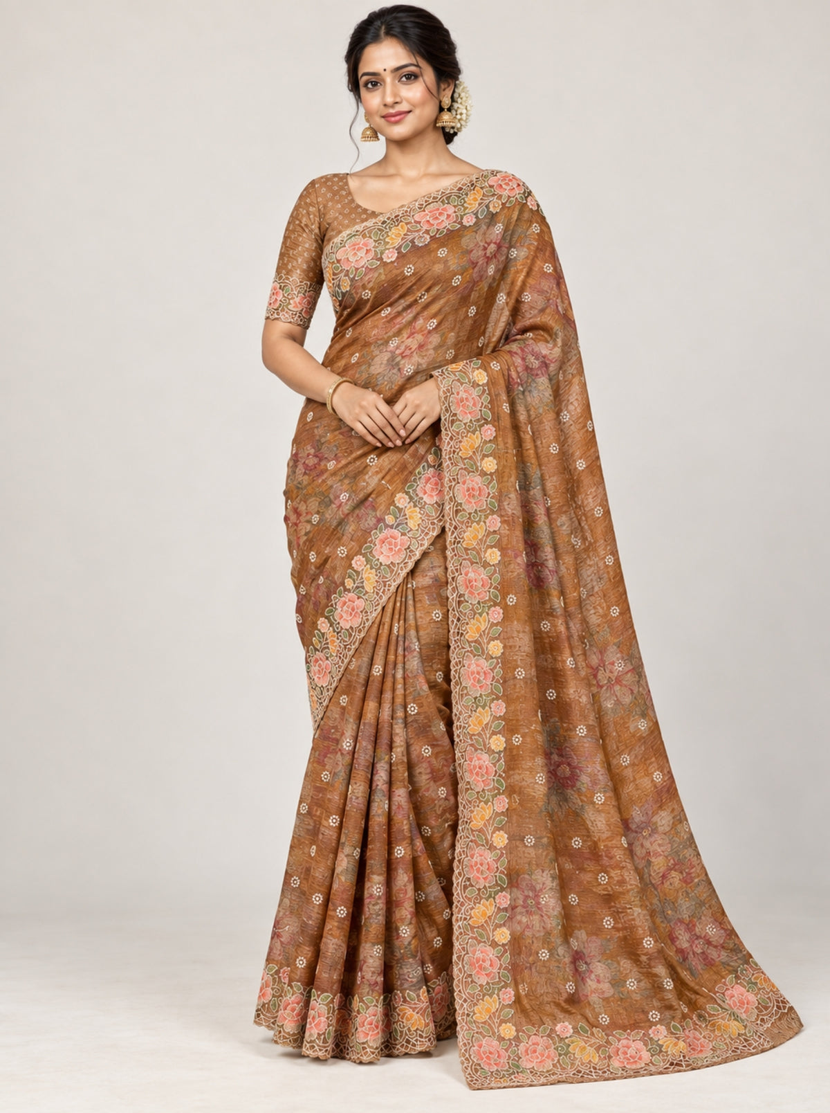 Gold Organza Floral Embroidered Saree