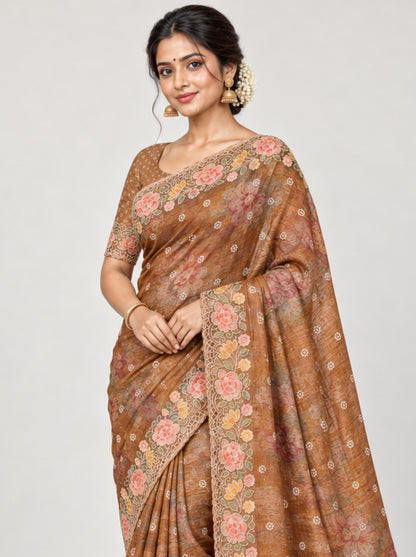 Gold Organza Floral Embroidered Saree