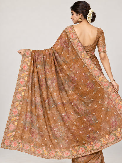 Gold Organza Floral Embroidered Saree