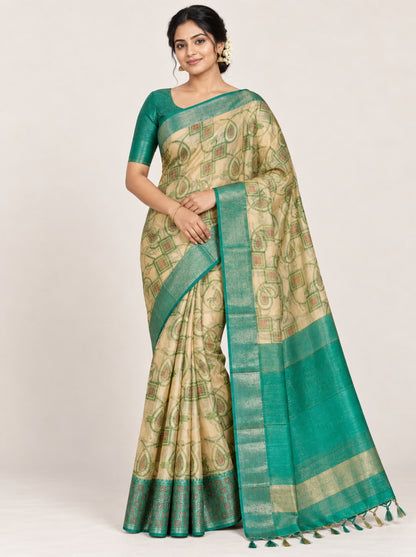 Pastel Yellow & Green Geometric Printed Tissue Saree with Silver Zari Border