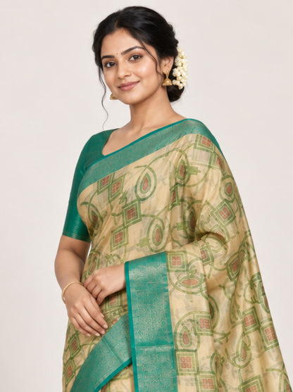 Pastel Yellow & Green Geometric Printed Tissue Saree with Silver Zari Border