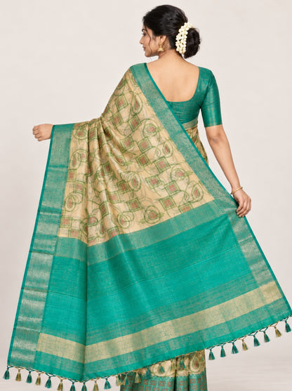 Pastel Yellow & Green Geometric Printed Tissue Saree with Silver Zari Border