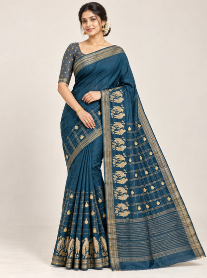 Deep Tea Silk Saree with Gold Zari Bird Embroidery & Checked Motif