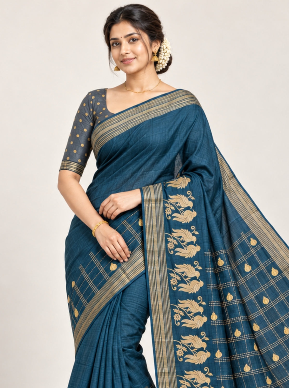 Deep Tea Silk Saree with Gold Zari Bird Embroidery & Checked Motif