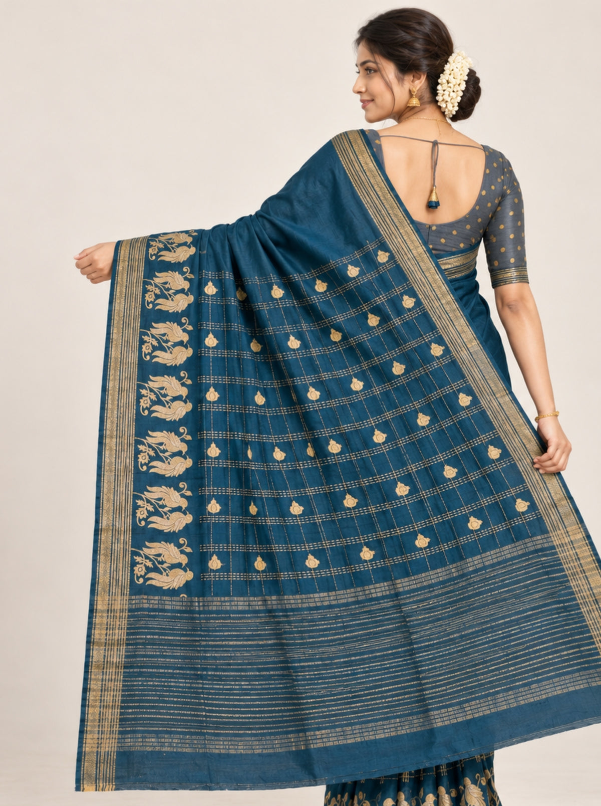 Deep Tea Silk Saree with Gold Zari Bird Embroidery & Checked Motif